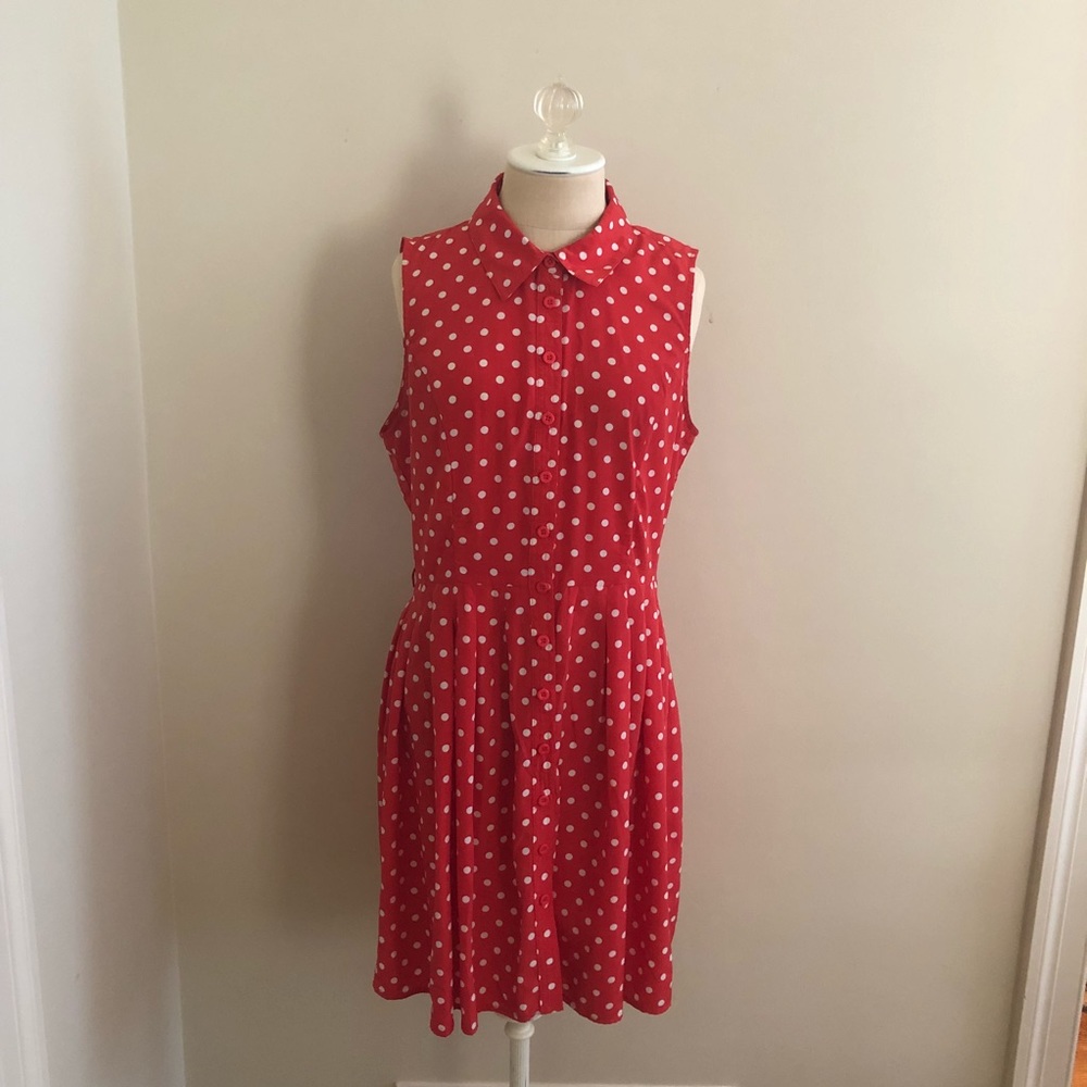 Red and white polka dot drop waist dress